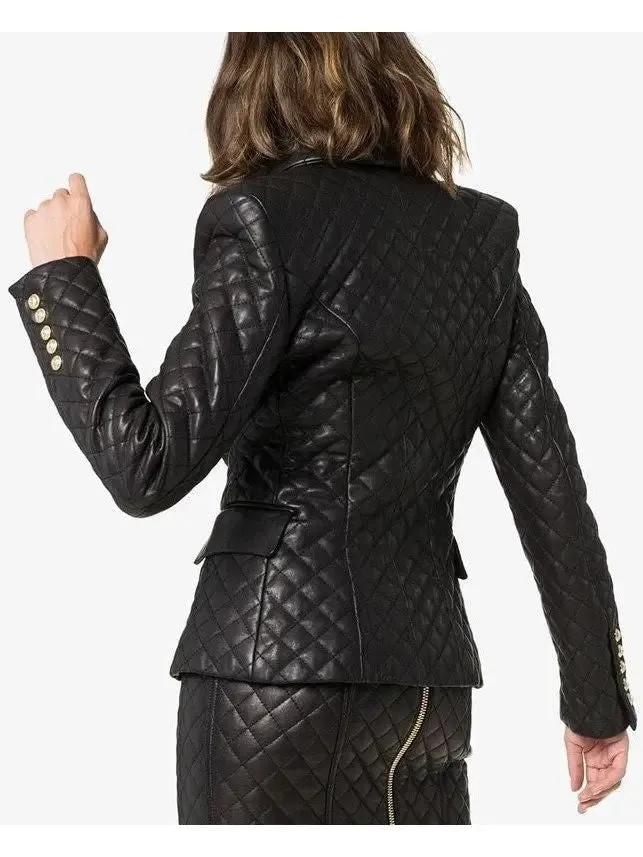 Women’s Double-Breasted Leather Quilted Blazer