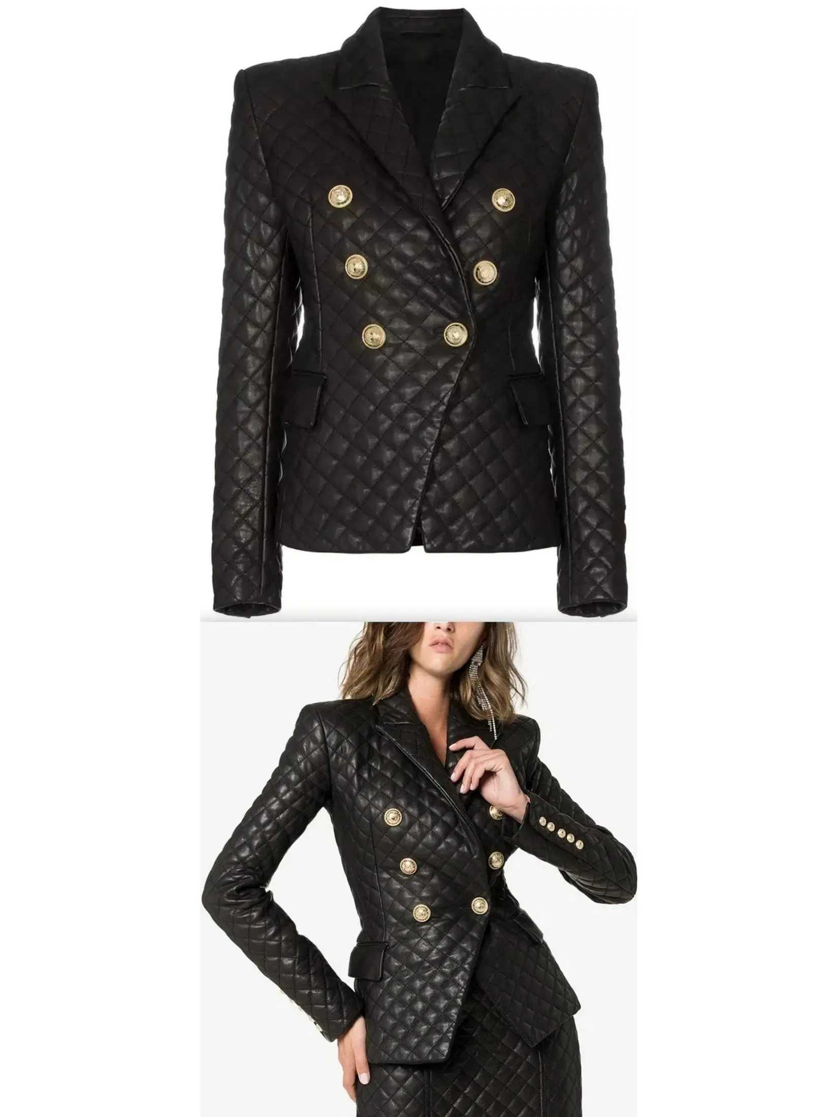 Women’s Double-Breasted Leather Quilted Blazer