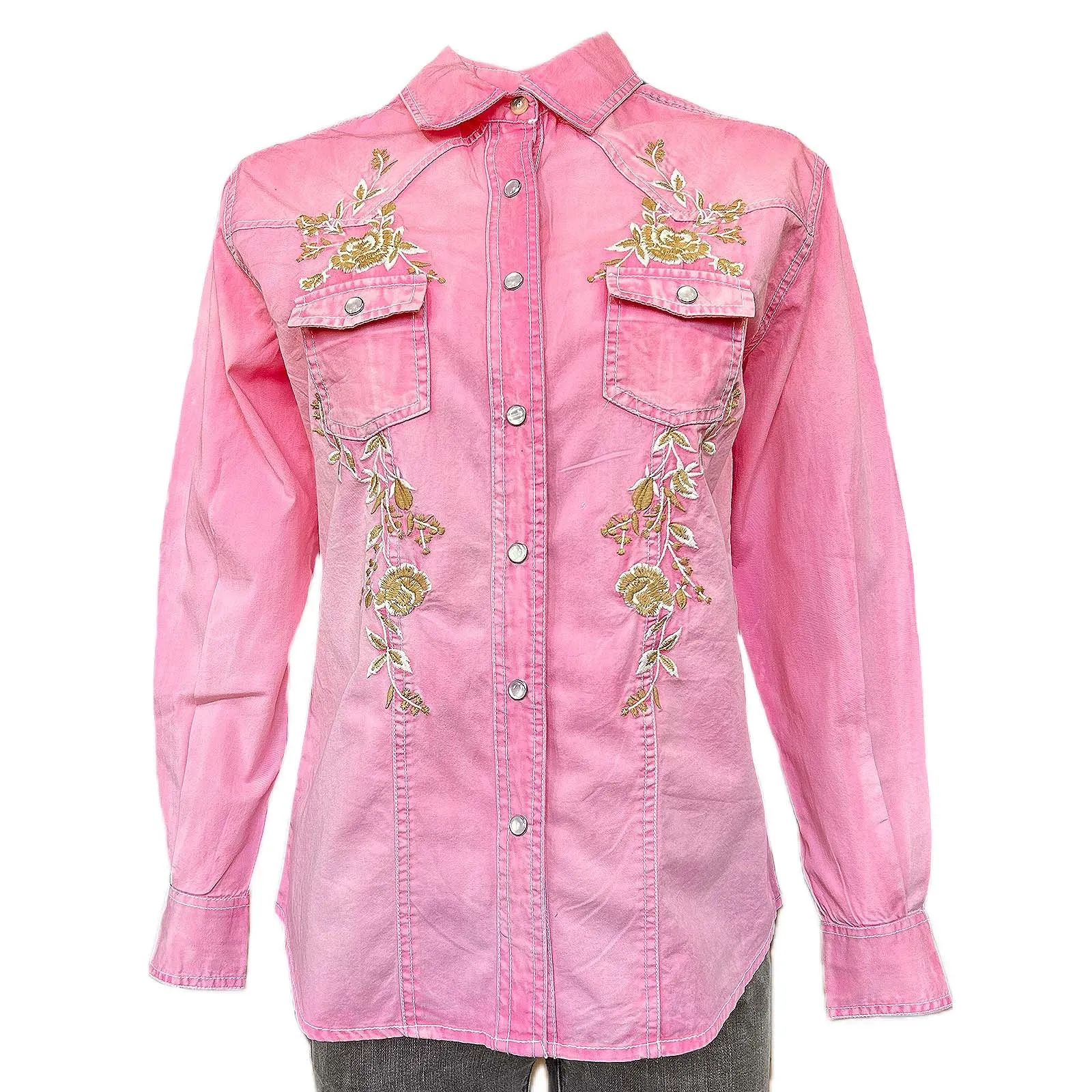 Women's Soft Pink Floral Embroidered Western Shirt